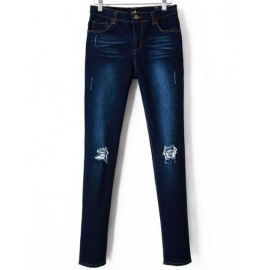 Stretch Washed Skinny Jeans with Busted Knees Size:S-XL