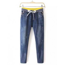 Loose Bleached Ripped Drawstring Denim Pants Size:S-XL