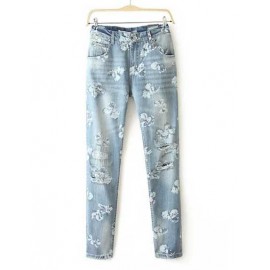 Boyfriend Floral Printed Denim Jeans in Light Blue Size:S-XL