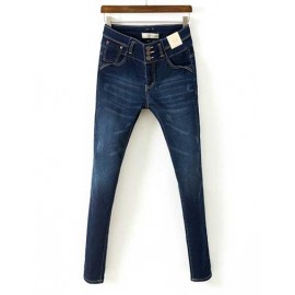 Modish Three Buckle Mustache Trim Jeans with High-Waist Size:S-XL