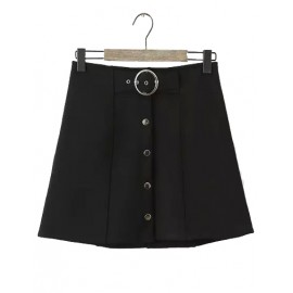 Classic Elastic Waistband Single-Breasted Flare Skirt in Black Size:S-L