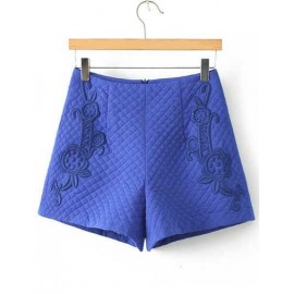 European Rhombus Pattern High-Waist Shorts with Floral Embroidery Size:S-L