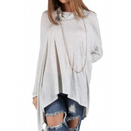 Leisure Long Sleeve High Necklace Asymmetric Hem Tee in Gray