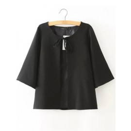 Trendy Wide Sleeve Black Cape Jacket with Tie Fastening Size:S-L