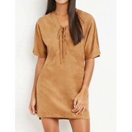 Vintage Style Short Sleeve Slanted Pockets Suede Dress with Lace-up V Neck