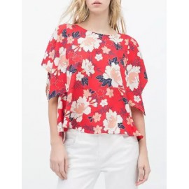 Unique Floral Printed Slanted Button Blouse with Asymmetric Sleeve Size:S-L