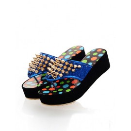 Stylish Multicolored Platform Thong Slipper in Rivet Trim Size:34-39