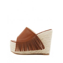 Comfy Tassel Trim PU Slippers with Weave Wedge Size:34-39
