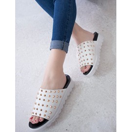 Punk Two Tone Open Toe Slipper with Spike Detail Size:35-39