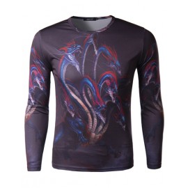 Chic Close Fitting Multicultural Dragon Print Long Sleeve T-Shirt