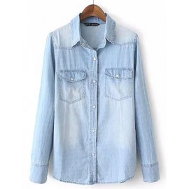 Classic Basic Denim Shirt in Wash Bleached Size:S-L