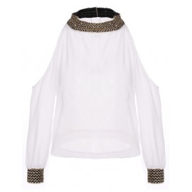 European Cut-Out Shoulder Sequin Trim Stand Collar Blouse in White Size:S-XL