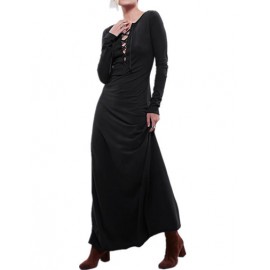 Sexy Lace-Up V-Neck Maxi Dress with Long Sleeve