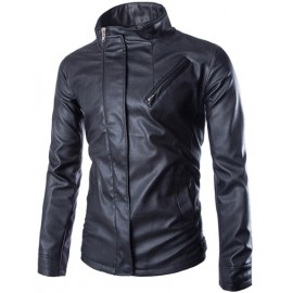 Cool Stand Collar Faux Leather Jacket with Zipper Placket