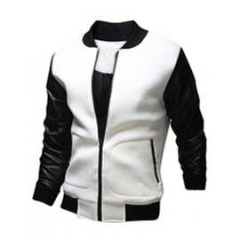 Classic PU Panel Zipper Slim Fit Baseball Jacket