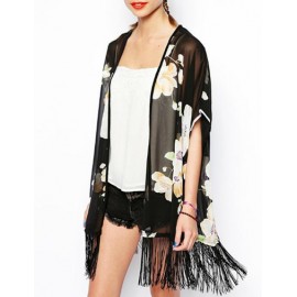 Youthful Floral Printed Short Sleeve Chiffon Kimono with Open Front Size:S-L