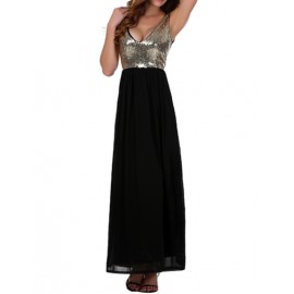 Chic Deep V-Neck Sleeveless Maxi Dress with Sequin Trim