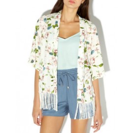 Modish Tassel Trim Floral Printed Kimono with Elbow Sleeve Size:S-L