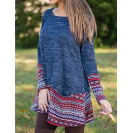 Folksy Printed Flare Hem Loose T-shirt in Long Sleeve