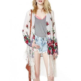 Fancy Floral Printed Tassel Hem Kimono with Long Sleeve Size:S-L