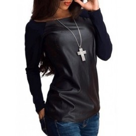 Unique PU Panel Long Sleeve Tee in Boat Neck
