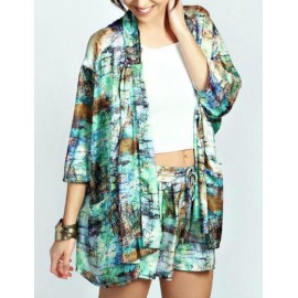 Abstract Assorted Color Double Patch Pocket Kimono with 3/4 Sleeve Size:S-L