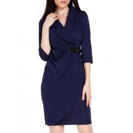 OL 3/4 Sleeve V Neck Wrap Work Pencil Dress in Dark Blue