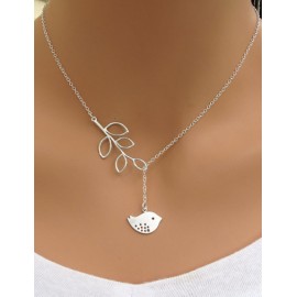 Peaceful Leaf and Bird Design Cropped Necklace in Silver