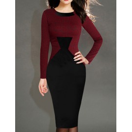 Classical Color Block Long Sleeve Slinky Pencil Dresst