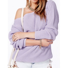 Seductive Smocked Waist Pure Color Sweater with Slanted Shoulder Size:S-XL