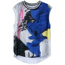Abstract Digital Printed Tank Top with Stripe Neckline