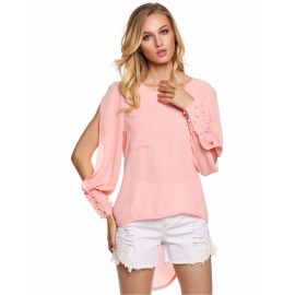 Fashion Women Chiffon O-Neck Long Sleeve Asymmetrical Hem Beads Blouse Tops