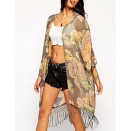 Summery Floral Printed Sunproof Chiffon Kimono with Tassel Trim