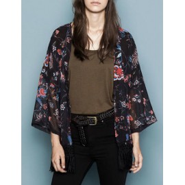 Slouchy Red Floral Printed Chiffon Kimono with Tassel Hem