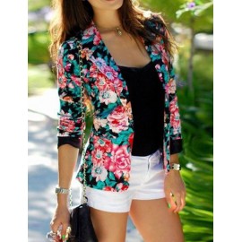 Romantic Floral Printed Lapel Collar Blazer with Long Sleeve
