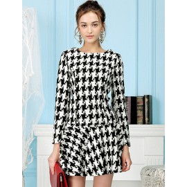 Stylish Houndstooth Pattern Long Sleeve Top and Skirt S-XL