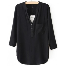 European V-Neck Patch Pocket Long Sleeve Blouse in Pure Color Size:S-L