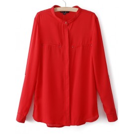 Simple Stand Collar Chiffon Blouse with Tabbed Sleeve Size:S-L