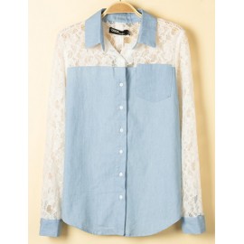 Sweet Lace Panel Denim Shirt in Two Tone Size:S-L