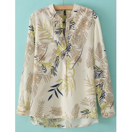 Leisure Leave Printed High-Low Hem Chiffon Shirt in Yellow Size:S-L