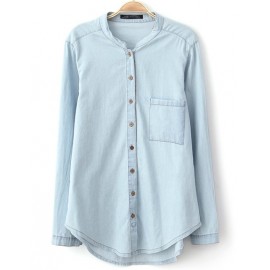 Simple Patch Pocket Curve Hem Denim Shirt in Light Blue Size:S-L