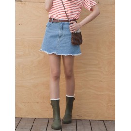 Light Color A-Line Denim Skirt with Rough Selvedge Size:S-L