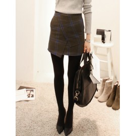 Winter Checked Printed Asymmetric Wool Skirt Size:S-L