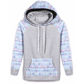 Women Pocket Hoody Hoodie Print Patchwork Slim Long Sleeve Sweatshirt Pullover Top 