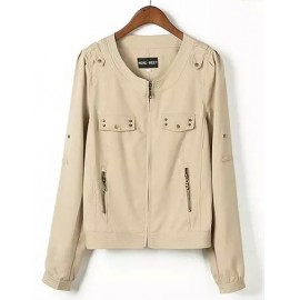 Concise Round Neck Pure Color Jacket with Stud Trim Size:S-L