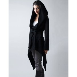Stylish Women Casual Hooded Cardigan Coat Belted Asymmetrical Long Hoody Jacket