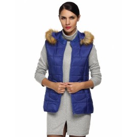 Zeagoo Women Ladies Sleeveless Detachable Hat Fur Collar Outwear Zipper Closure Down Coat Vest