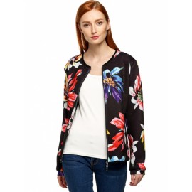 Women Fashion Casual Collarless Long Sleeve Floral Print Zip Jacket Coat Tops