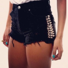 New Fashion Women's High Waist Denim Button Casual Slim Rivet Ripped Shorts