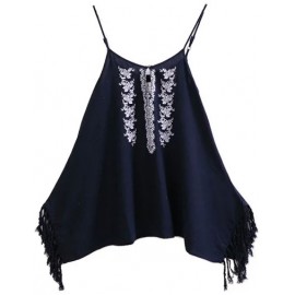 Ethnic Tassel Edge Spaghetti Tank Top with Floral Embroidery